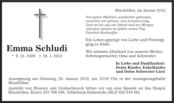 Traueranzeige von Emma Schludi von Schwäbische Post
