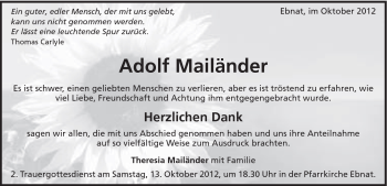 Traueranzeige von Adolf Mailänder von Schwäbische Post