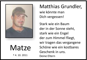 Traueranzeige von Matthias Grundler von Schwäbische Post