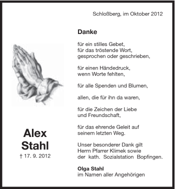 Traueranzeige von Alex Stahl von 082