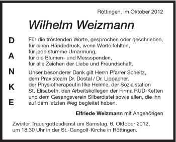 Traueranzeige von Wilhelm Weizmann von Schwäbische Post