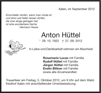 Traueranzeige von Anton Hüttel von Schwäbische Post