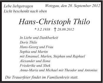 Traueranzeige von Hans-Christoph Thilo von Gmünder Tagespost