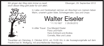 Traueranzeige von Eiseler Walter von Schwäbische Post
