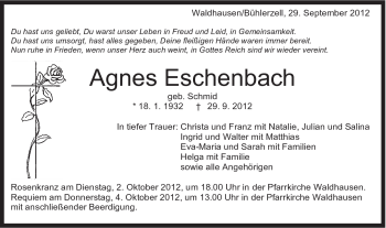 Traueranzeige von Agnes Eschenbach von Schwäbische Post