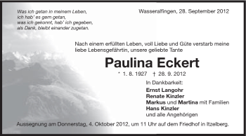 Traueranzeige von Paulina Eckert von Schwäbische Post