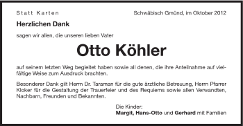Traueranzeige von Otto Köhler von Gmünder Tagespost