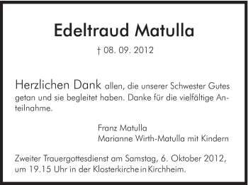 Traueranzeige von Edeltraud Matulla von Schwäbische Post