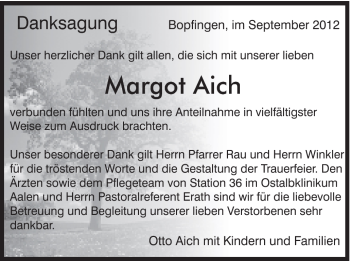 Traueranzeige von Margot Aich von Schwäbische Post