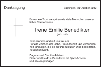 Traueranzeige von Irene Emilie Benedikter von Schwäbische Post