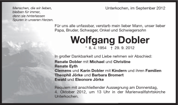 Traueranzeige von Wolfgang Dobler von Schwäbische Post