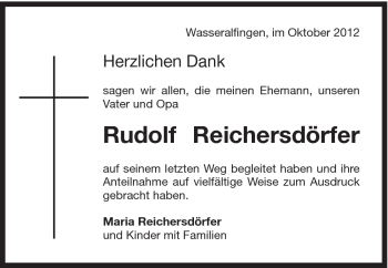 Traueranzeige von Rudolf Reichersdörfer von Schwäbische Post