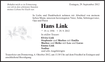Traueranzeige von Hans Link von Schwäbische Post