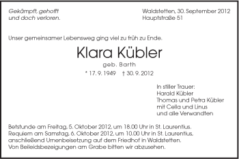 Traueranzeige von Klara Kübler von Gmünder Tagespost