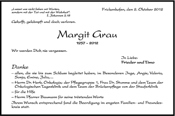 Traueranzeige von Margit Grau von Gmünder Tagespost