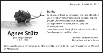 Traueranzeige von Stütz Agnes von Schwäbische Post
