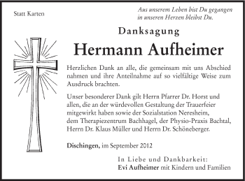 Traueranzeige von Hermann Aufheimer von Schwäbische Post