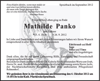 Traueranzeige von Mathilde Panko von Gmünder Tagespost