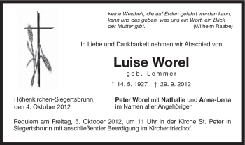 Traueranzeige von Luise Worel von Schwäbische Post