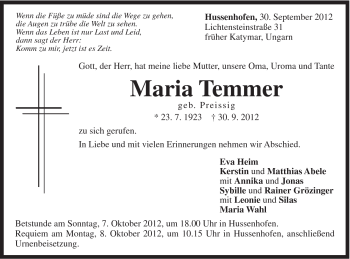 Traueranzeige von Maria Temmer von Gmünder Tagespost