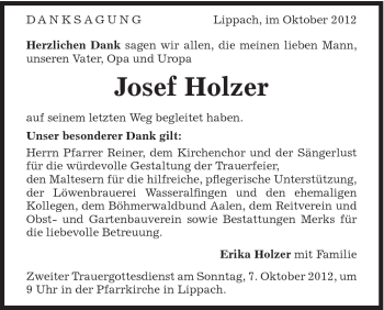 Traueranzeige von Josef Holzer von Schwäbische Post