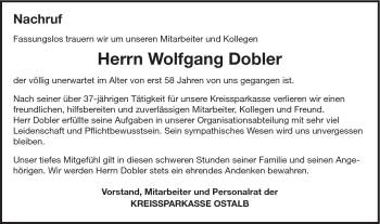 Traueranzeige von Wolfgang Dobler von Schwäbische Post