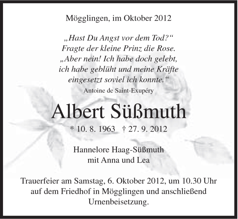  Traueranzeige für Albert Süßmuth vom 04.10.2012 aus 020