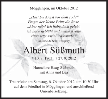 Traueranzeige von Albert Süßmuth von 020