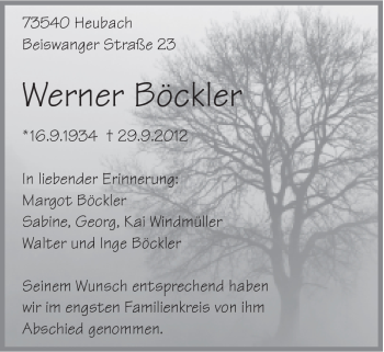Traueranzeige von Werner Böckler von Gmünder Tagespost