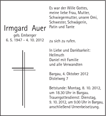 Traueranzeige von Irmgard Auer von Gmünder Tagespost