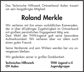 Traueranzeige von Roland Merkle von Schwäbische Post