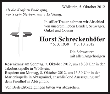 Traueranzeige von Horst Schreckenhöfer von Schwäbische Post