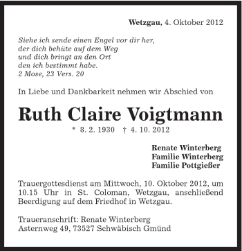 Traueranzeige von Ruth Claire Voigtmann von Gmünder Tagespost