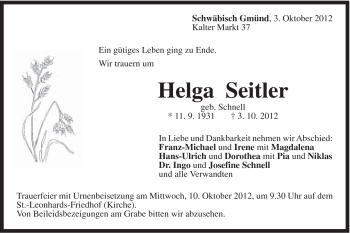 Traueranzeige von Helga Seitler von Gmünder Tagespost