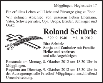 Traueranzeige von Roland Schürle von Gmünder Tagespost