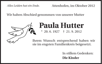 Traueranzeige von Paula Hutter von Schwäbische Post