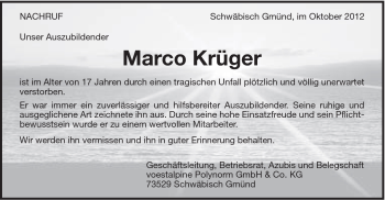Traueranzeige von Marco Krüger von Gmünder Tagespost