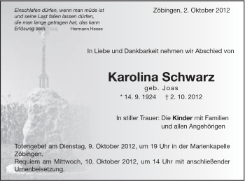 Traueranzeige von Karolina Schwarz von Schwäbische Post