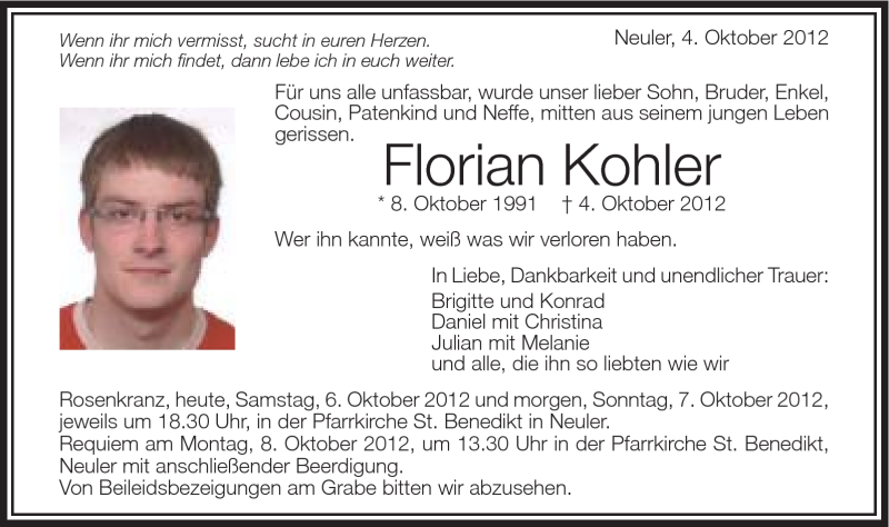  Traueranzeige für Florian Kohler vom 06.10.2012 aus Schwäbische Post
