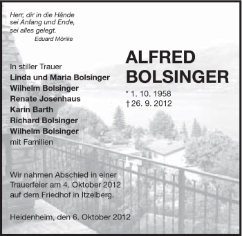 Traueranzeige von Alfred Bolsinger von Schwäbische Post