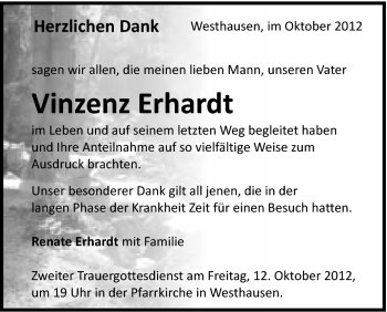 Traueranzeige von Vinzenz Erhardt von Schwäbische Post