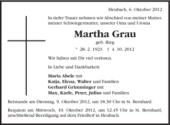 Traueranzeige von Martha Grau von 020