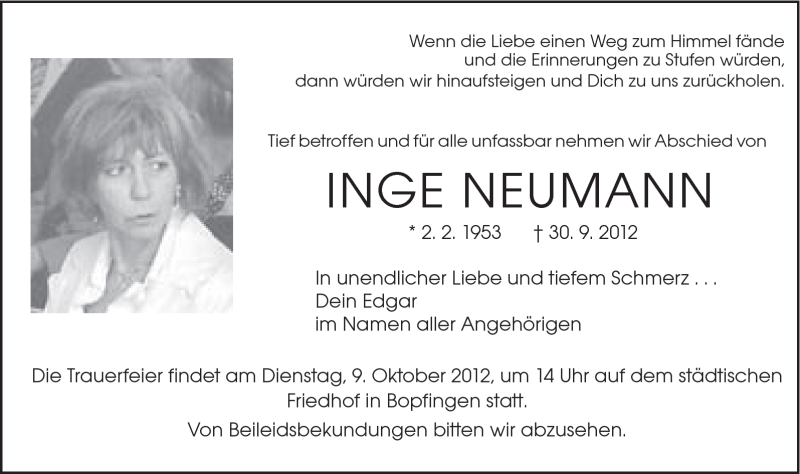 Traueranzeige für Inge Neumann vom 06.10.2012 aus Schwäbische Post