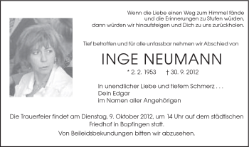 Traueranzeige von Inge Neumann von Schwäbische Post
