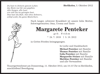 Traueranzeige von Margarete Penteker von Gmünder Tagespost