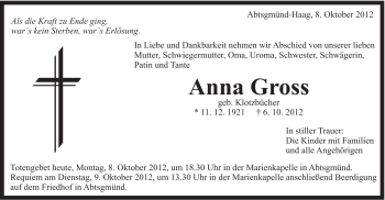 Traueranzeige von Anna Gross von Schwäbische Post