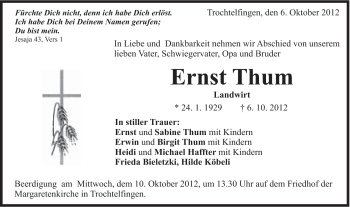 Traueranzeige von Ernst Thum von Schwäbische Post