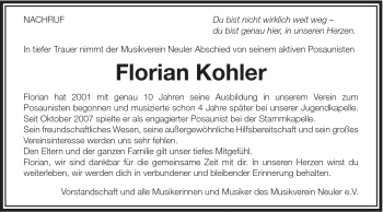 Traueranzeige von Florian Kohler von Schwäbische Post