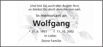 Traueranzeige von Wolfgang . von Schwäbische Post