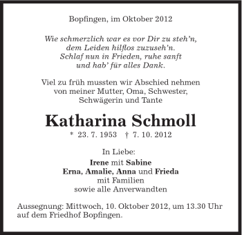 Traueranzeige von Katharina Schmoll von Schwäbische Post